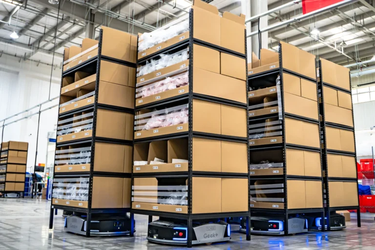 Modern warehouse robots transporting inventory racks on durable industrial flooring.